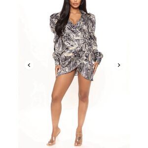 Fashion Nova Ciara Satin Black Multi Paisley Print Mini Wrap Dress - Size XS